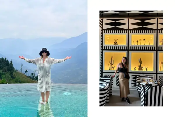 A mother stands in a pool with arms wide and mountainous landscape in the background. A young adult female in a fun black and white room at The Standard Bangkok 