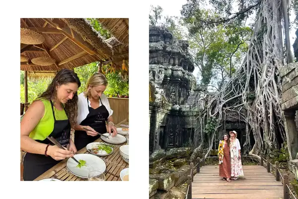 Mother and daughter cooking together in a class and the same mother and daughter posing at Angkor Wat