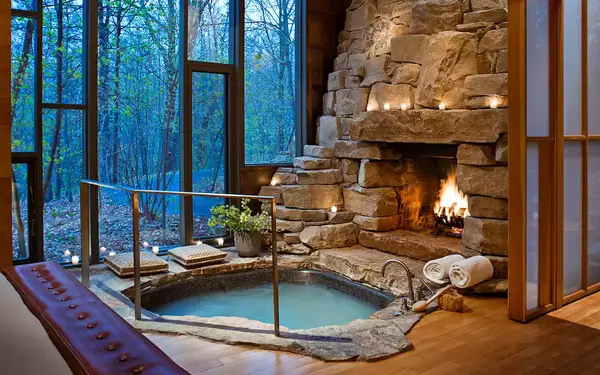 Twin Farms in Barnard, Vermont, has rooms outfitted with stone fireplaces and hot tubs.