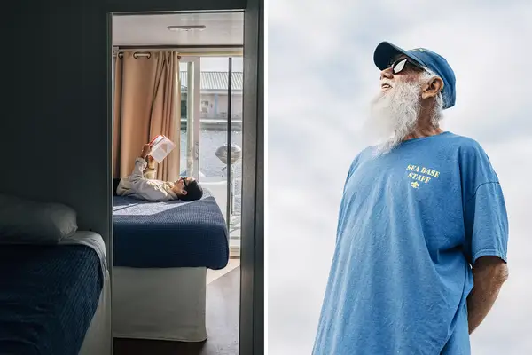 Pair of photos from a houseboat company in the Everglades, one showing a woman on a houseboat bed, and one showing a bearded boat captain in a blue shirt