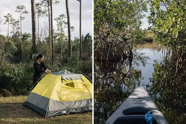 Pair of photos from the Everglades, one showing a yellow tent and one showing a kayak on the water in vegetation
