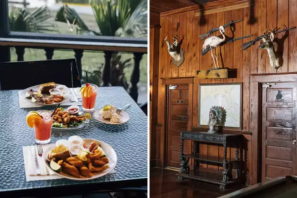 Pair of photos from Florida, one showing lunch on a table, and one showing kitschy decor at a restaurant