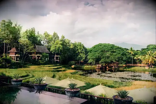 A luxury resort in Thailand with lush trees and a pond.
