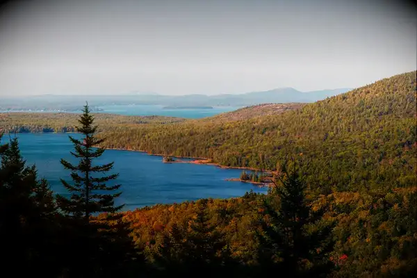A scenic view of Mount Desert Island with forested hills and a coastal bay in the Maine region