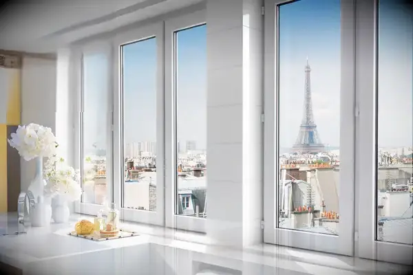 View of the Eiffel Tower from Mopar Suite bathroom at the Mandarin Oriental, Paris