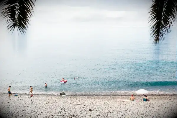 A calm pebble beach with a few people enjoying the water and the shore, seen through palm leaves