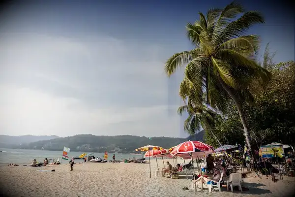 Tropical beach with palm trees, parasols, and people enjoying the shore