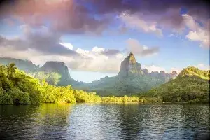 Mt Rotui and Opunohu bay at sunset, Moorea, French Polynesia