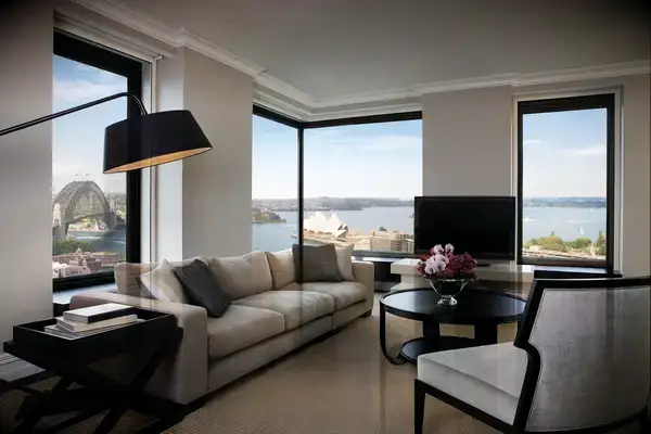 A guest room living room at the Four Seasons Hotel Sydney