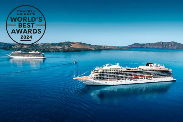 Two Viking cruise ships at sea.