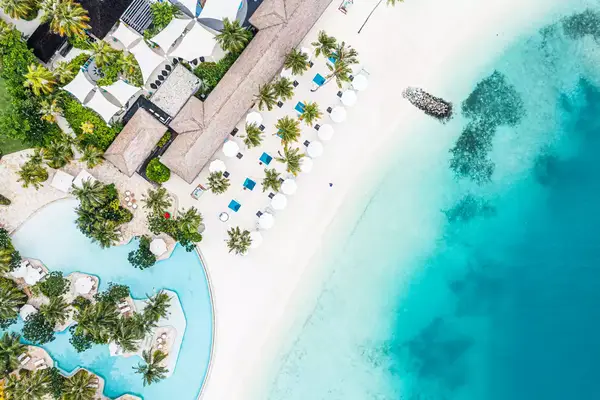 Aerial view of the Waldorf Maldives Ithaafushi Resort