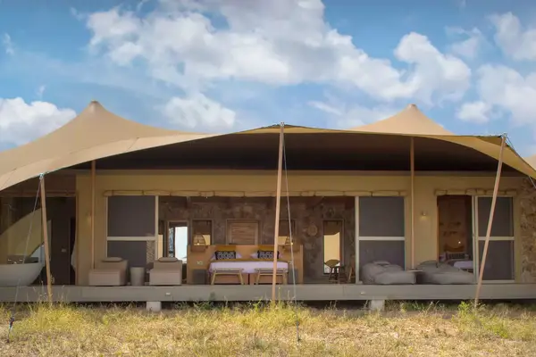 A luxury tent at the Asilia Namiri Plains safari camp