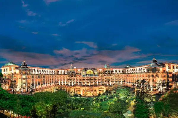 Night view of the Leela Palace Bengaluru hotel in India