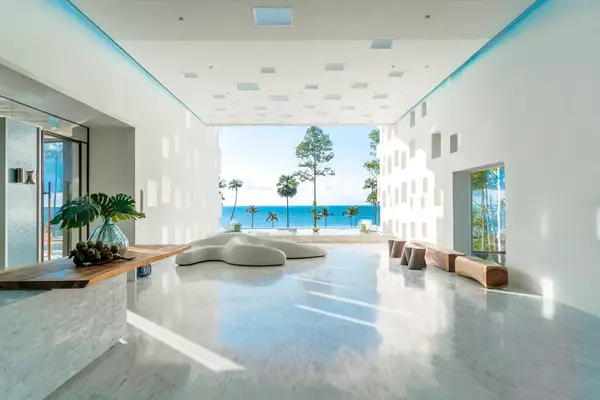 White lobby with ocean views at the Hyatt Regency Koh Samui