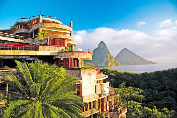 Exterior of the Jade Mountain resort, with views of the Pitons