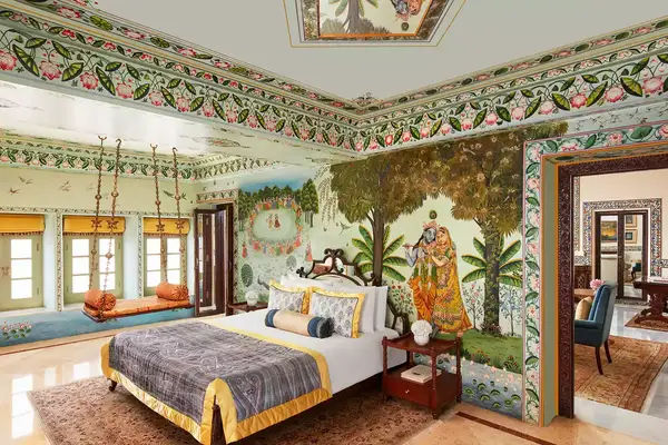 Ornate guest room at the Taj Lake Palace hotel in Udaipur
