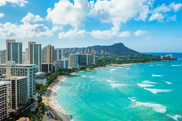 Aerial view of Waikiki Beach and Diamond Head Crater in Honolulu