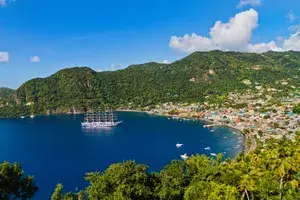 Sailing ship moored in the Soufrière Bay, on the southwest coast of Saint Lucia
