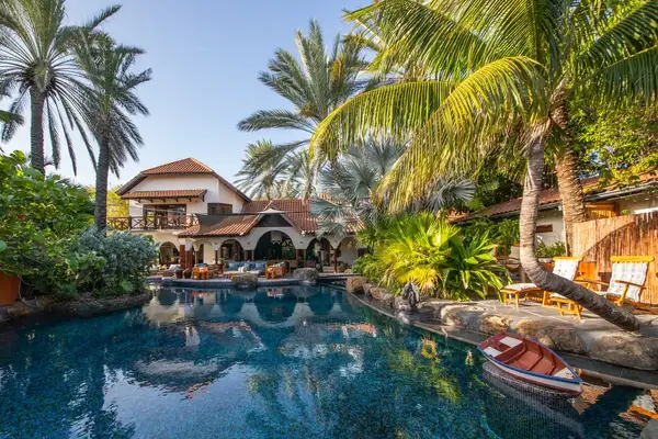 The swimming pool at a luxury resort in the Caribbean.