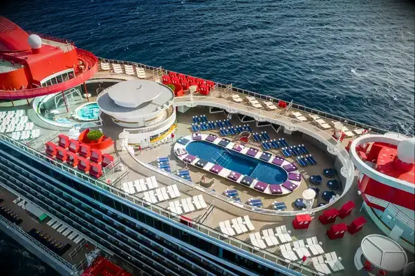 An overview shot of a Virgin cruise ship pool. 
