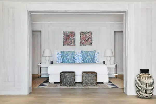 View into a serene guest room at the Cheval Blanc Resort in St Barth