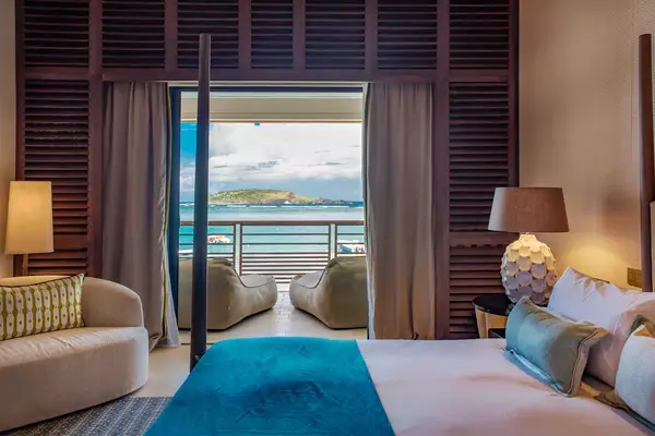 Guest room with a view at the Le Barthelemy Hotel in St Barth