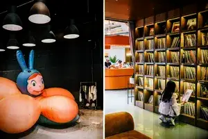 A pair of photos one showing a clothing store and the other a record shop.
