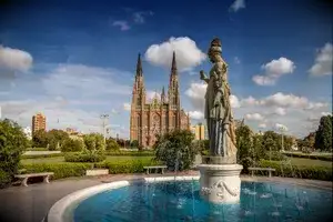 La Plata Cathedral and Plaza Moreno Fountain - La Plata, Buenos Aires Province, Argentina