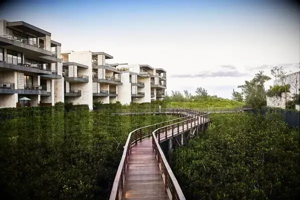 Walkway over greenery and exterior view of guest rooms at EtÃ©reo, Auberge Resorts Collection