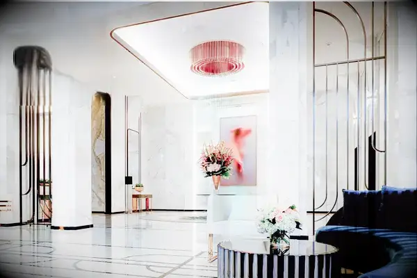 Spacious and elegantly decorated hotel lobby with modern furnishings