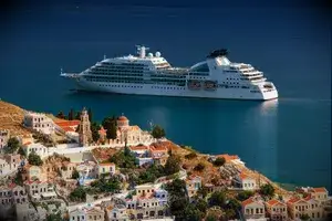 Cruise ship in the bay, Gialos, Symi, Greece