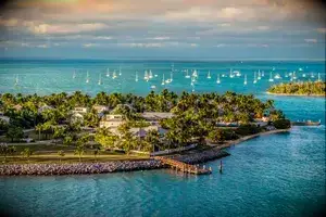Panoramic sunrise landscape view of the small Islands Sunset Key and Wisteria Island of the Island of Key West, Florida Keys.