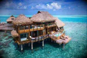 Aerial view of Presidential Overwater Villa at Conrad Bora Bora Nui 