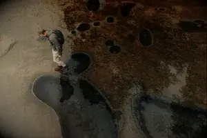 Aerial view of a man walking on Botanical Beach in Canada