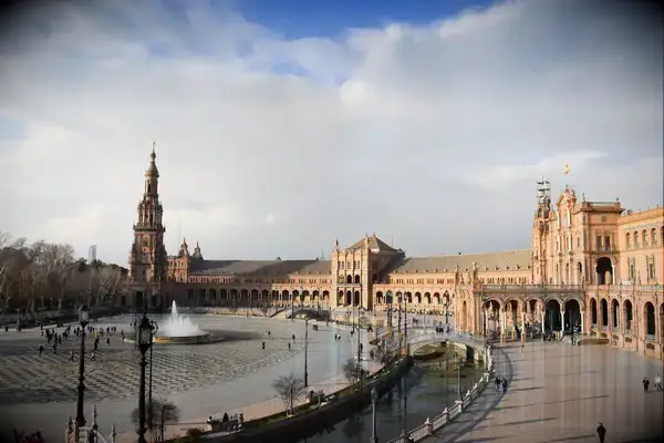 Plaza de España with its prominent tower and fountain in Seville, Spain