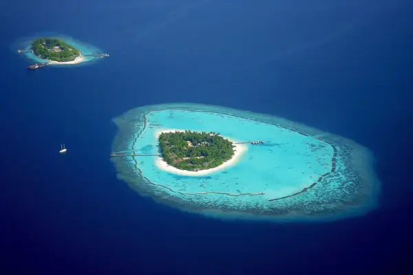 Aerial view of two islands in the Maldives