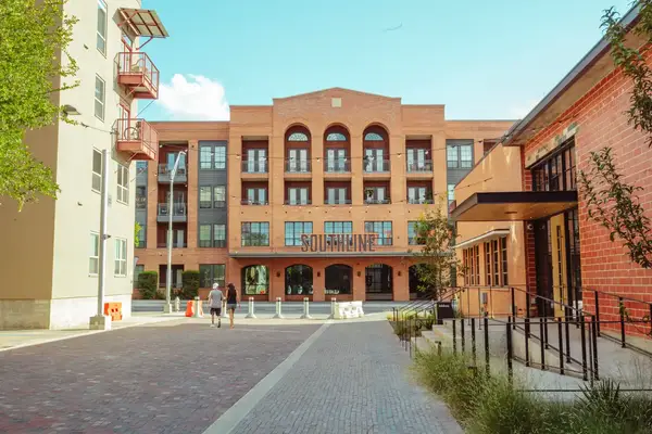 A brick building with the word 